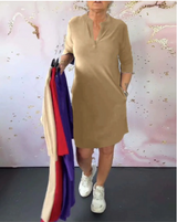 Sabela – Modisches Schlichtes Kleid Mit V-Ausschnitt – Beige