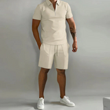 Herren 2-Teiliges Set aus Baumwollmischung – elegantes Poloshirt und Shorts, Größen S-3XL – Khaki