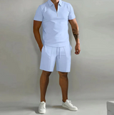 Herren 2-Teiliges Set aus Baumwollmischung – elegantes Poloshirt und Shorts, Größen S-3XL – Hellblau