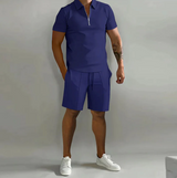 Herren 2-Teiliges Set aus Baumwollmischung – elegantes Poloshirt und Shorts, Größen S-3XL – Marineblau