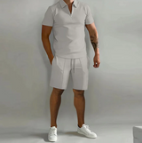 Herren 2-Teiliges Set aus Baumwollmischung – elegantes Poloshirt und Shorts, Größen S-3XL – Hellgrau
