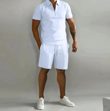 Herren 2-Teiliges Set aus Baumwollmischung – elegantes Poloshirt und Shorts, Größen S-3XL – Weiß