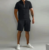 Herren 2-Teiliges Set aus Baumwollmischung – elegantes Poloshirt und Shorts, Größen S-3XL – Schwarz