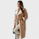 Maria – Lange klassische Jacke mit Fleecefutter und Teddykragen – Khaki