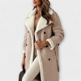 Maria – Lange klassische Jacke mit Fleecefutter und Teddykragen – Aprikose