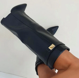 Damen-Stiefel mit Umschlagdetail | hohe Schaftausführung – Schwarz – Leder