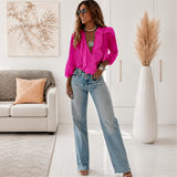 Greta | Elegante V-Ausschnitt Bluse mit langen Ärmeln & Rüschen – Altrosa