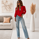 Greta | Elegante V-Ausschnitt Bluse mit langen Ärmeln & Rüschen – Rot