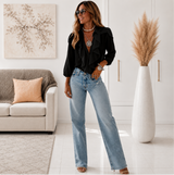 Greta | Elegante V-Ausschnitt Bluse mit langen Ärmeln & Rüschen – Schwarz