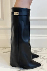Damenstiefel mit weitem Beinabschluss – Eleganter Retro-Look in Beige – Schwarzes Leder