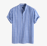 Thomas | Blau gestreiftes Herren Sommer Henley Leinenhemd – Blau