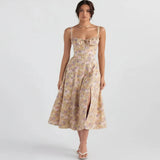Linda | Damen Blumenkleid Korsett Seitenschlitz Midi – Blumen Korsett Midi 2026 – Rosenholz