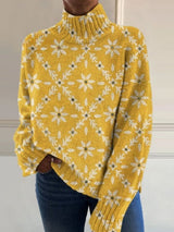 Ria™ | Vintage Farbblock Blumenmuster Strickrollkragenpullover – Gelb