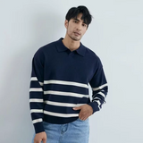 Ezekiel – gestreifter strickpullover mit kragen für herren – Blau