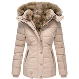 Eleganter damen-wintermantel mit fellkapuze – Beige