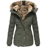 Eleganter damen-wintermantel mit fellkapuze – Grün