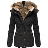 Eleganter damen-wintermantel mit fellkapuze – Schwarz