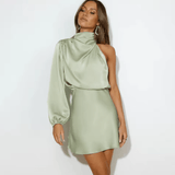 Elegantes One-Shoulder Satinkleid Damen - Abendkleid & Cocktailkleid – Hellgrün