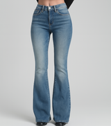 Sarah – Damen-Schlagjeans mit hohem Bund im Vintage-Stil aus Stretch-Denim – Mittelblau