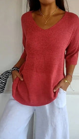 Hannah™ | Einfarbige Strickdamenbluse mit 3/4-Ärmeln und V-Ausschnitt. – Rot