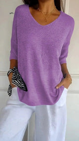 Hannah™ | Einfarbige Strickdamenbluse mit 3/4-Ärmeln und V-Ausschnitt. – Lila