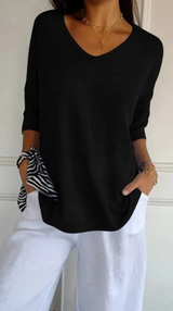 Hannah™ | Einfarbige Strickdamenbluse mit 3/4-Ärmeln und V-Ausschnitt. – Schwarz
