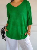 Hannah™ | Einfarbige Strickdamenbluse mit 3/4-Ärmeln und V-Ausschnitt. – Grün