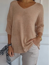 Hannah™ | Einfarbige Strickdamenbluse mit 3/4-Ärmeln und V-Ausschnitt. – Apricot