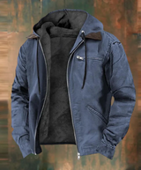 Robuste herrenjacke mit kapuze, reibverschluss und weichem fleecefutter – Blau