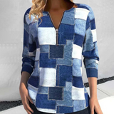 Ulrike – trendiges langarm-top mit geometrischem muster für damen – Blau
