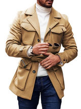 Herrenwollmantel mit mehreren taschen und schnürverschluss – Beige