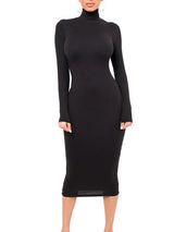 Damen Langarm Rollkragen Midi Etui Kleid – Schwarz