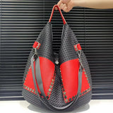 Damen Retro Mesh Patchwork Leder Tote Tasche – Große Kapazität Umhängetasche für Alltag – Rot