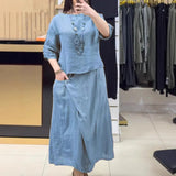 Bellarive™ Set Aus Baumwoll-Leinen Mit Weiter Bluse und Wickelrock – Blau