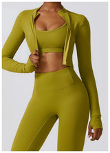 Nahtlose Fitness-Leggings Mit Crop Top Mit Langen Ärmeln & Yoga-BH Für Aktive Frauen – Grün 3PCS-2