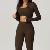 Damen Sportset | Dreiteilige Ausführung mit Weste, Oberteil und Hose – Braun
