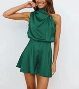 Damen-Satin-Overall mit Neckholder und kurzen Beinen – Grün