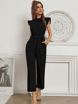 Damen Jumpsuit Rüschen Mit Gürtel Eleganter Stil – Schwarz