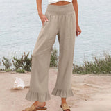 Hose Alva™ aus Leinen-Baumwoll-Mix mit hohem Smokbund und Volantsaum – Beige