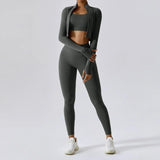 Damen Sportset | Dreiteilige Ausführung mit Weste, Oberteil und Hose – Grau