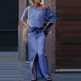 Capri Bleu™ Set mit Asymmetrischem Oberteil und Leichtem Jeansrock – Blau