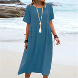 Kleid Alessia™ aus Baumwoll-Leinen mit seitlichen Lagen-Details – Blau