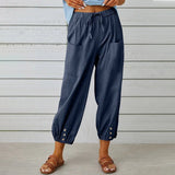Kobe™ Baumwoll-Leinen-Hose mit Fronttaschen und verstellbarem Kordelzug – Dunkelblau
