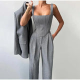 Damen Set | Blazer, Hose und Corset-Top im dreiteiligen Aufbau – Grau