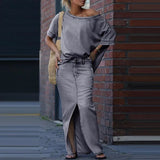 Capri Bleu™ Set mit Asymmetrischem Oberteil und Leichtem Jeansrock – Grau