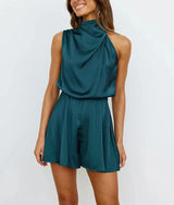 Damen-Satin-Overall mit Neckholder und kurzen Beinen – Aquablau