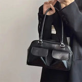Vintage-Stroh Strandtasche mit veganem Leder – Schwarz