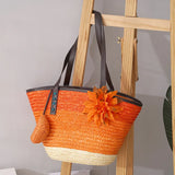 Große Strohtasche Damen – Handgefertigte Strandtasche mit Vegan-Leder-Trägern – Orange