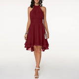 Zaleia – Elegantes Chiffonkleid mit hohem Kragen – Rot