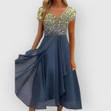 Veronica | Langes Leinenkleid – Gold Blau